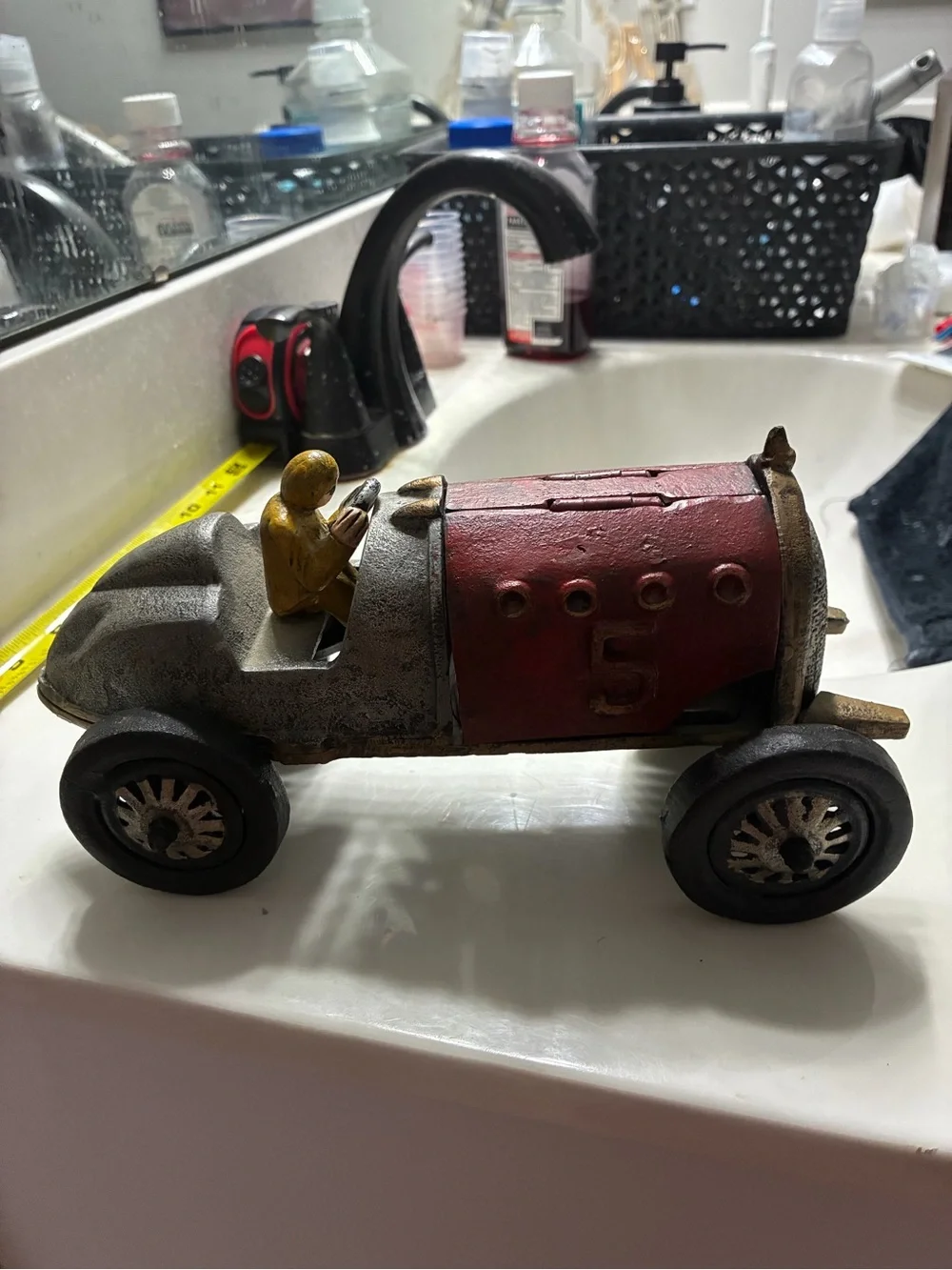 Vintage -style decorative cast iron race car modeled after Hubley racers